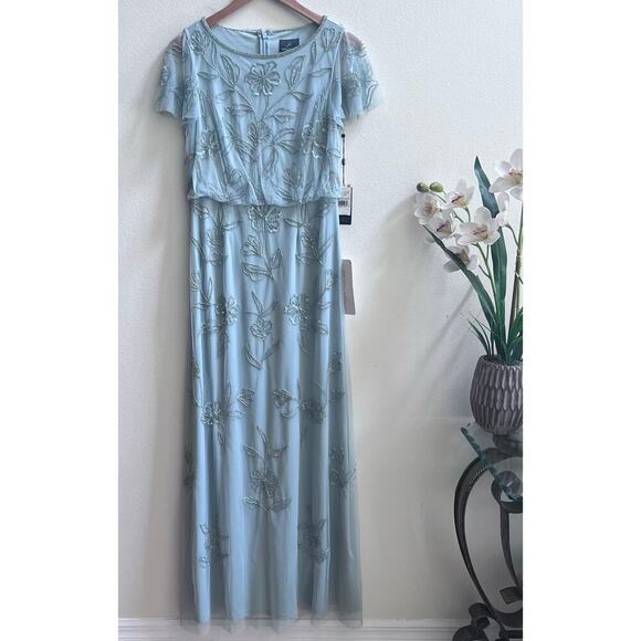 NWT Adrianna Papell Aqua Dust Short Sleeve Blouson Beaded Mixi Gown Women's 0 - Picture 2 of 12
